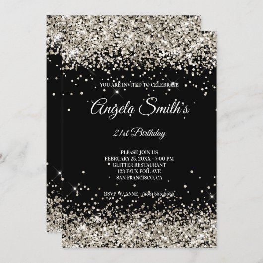 Invitation Faux Sparkly Platinum Parties scintillant Noir (Devant / Derrière)