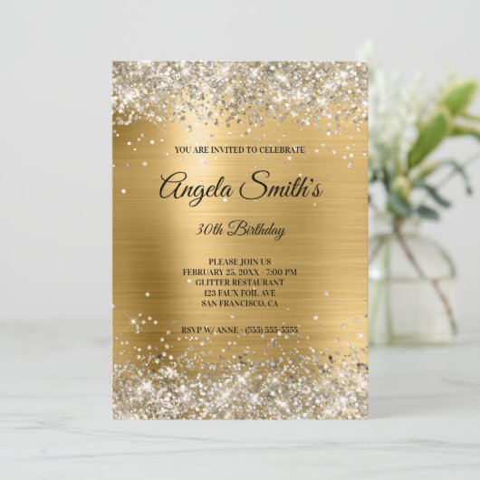 Invitation Faux Sparkly Platinum Parties scintillant or Monog (Debout devant)