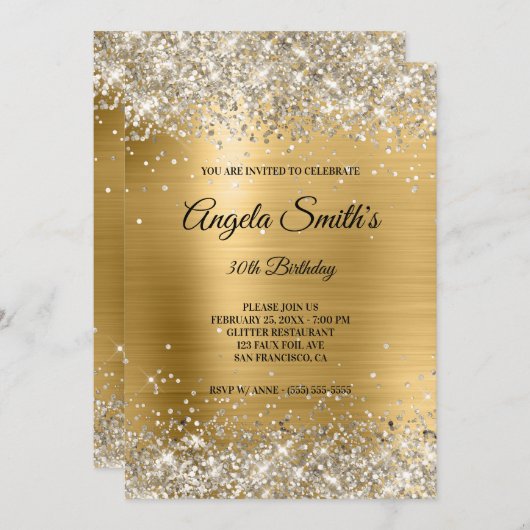 Invitation Faux Sparkly Platinum Parties scintillant or Monog (Devant / Derrière)