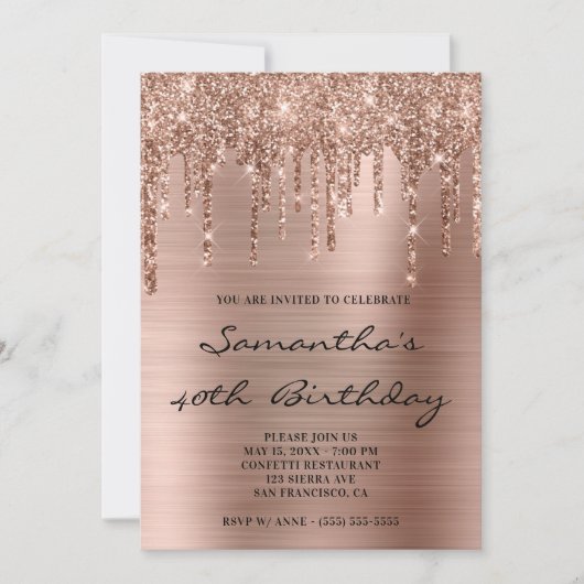 Invitation Faux Sparkly Rose Parties scintillant or gouttes F (Devant)
