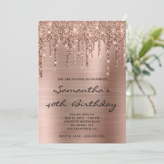 Invitation Faux Sparkly Rose Parties scintillant or gouttes F (Debout devant)