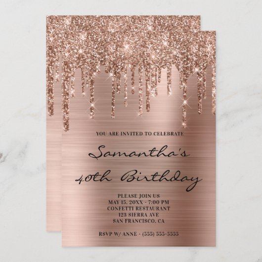 Invitation Faux Sparkly Rose Parties scintillant or gouttes F (Devant / Derrière)
