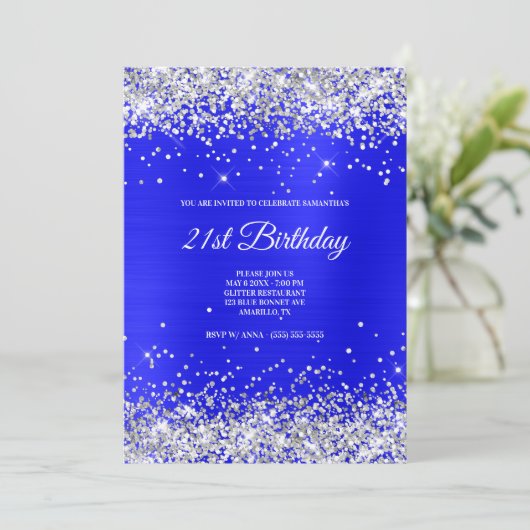 Invitation Faux Sparkly Silver Parties scintillant Bleu Bleu (Debout devant)