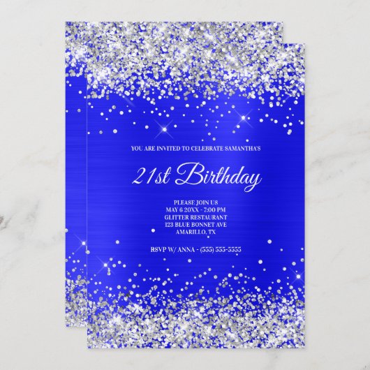 Invitation Faux Sparkly Silver Parties scintillant Bleu Bleu  (Devant / Derrière)