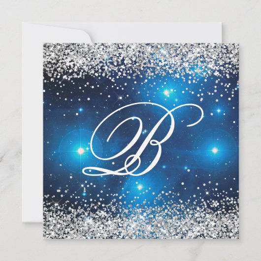 Invitation Faux Sparkly Silver Parties scintillant bleu céles (Devant)