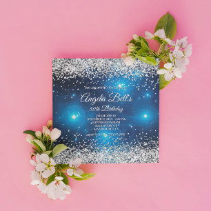Invitation Faux Sparkly Silver Parties scintillant bleu céles