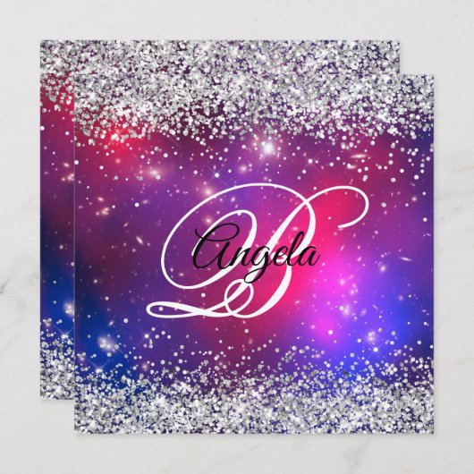 Invitation Faux Sparkly Silver Parties scintillant Celestial (Devant / Derrière)