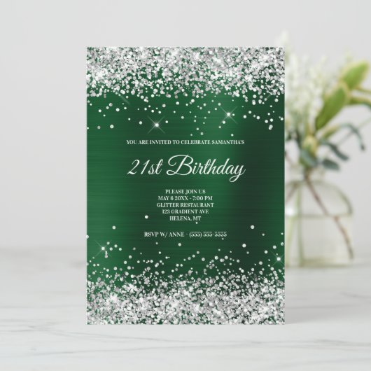 Invitation Faux Sparkly Silver Parties scintillant Dark Green (Debout devant)
