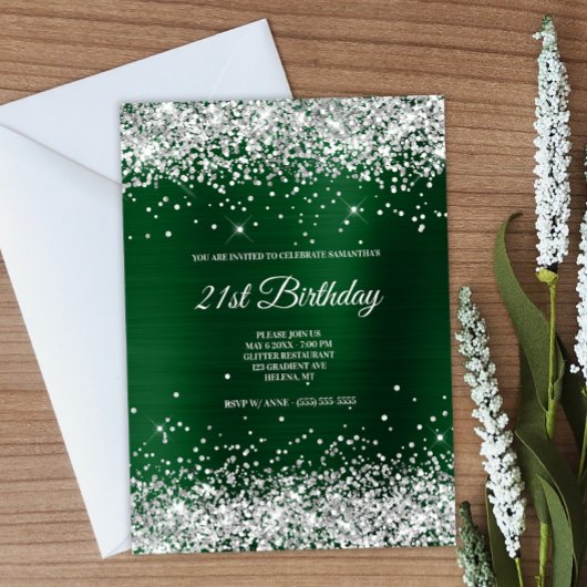 Invitation Faux Sparkly Silver Parties scintillant Dark Green