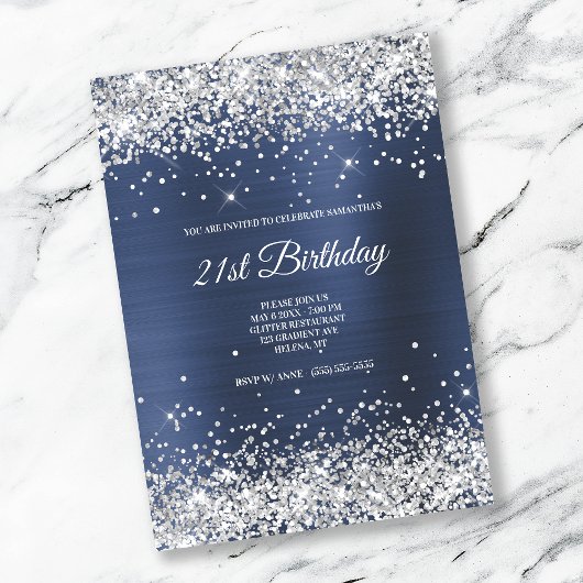 Invitation Faux Sparkly Silver Parties scintillant Dark Navy