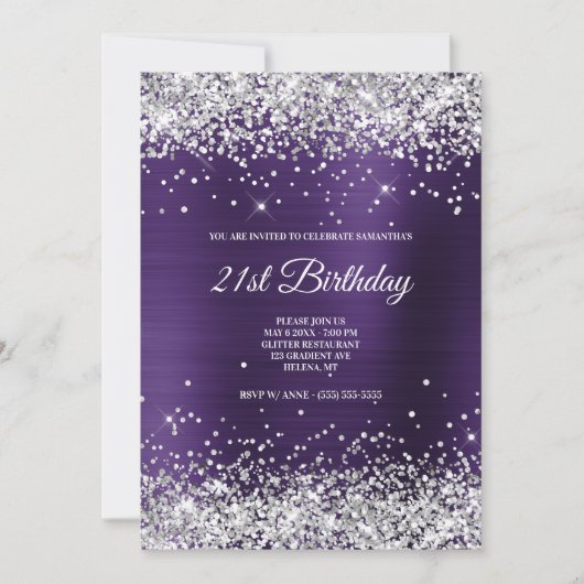 Invitation Faux Sparkly Silver Parties scintillant Dark Viole (Devant)