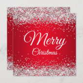 Invitation Faux Sparkly Silver Parties scintillant Noël Rouge (Devant / Derrière)