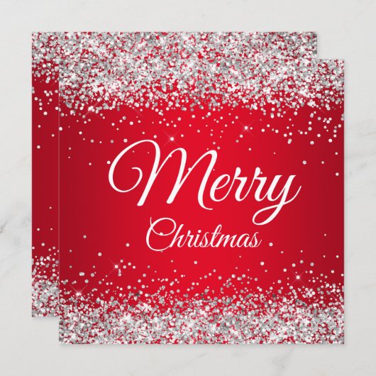 Invitation Faux Sparkly Silver Parties scintillant Noël Rouge (Devant / Derrière)