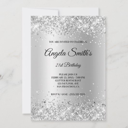 Invitation Faux Sparkly Silver Parties scintillant Satin (Devant)