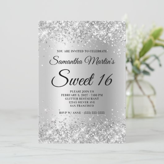 Invitation Faux Sparkly Silver Parties scintillant Satin Foil (Debout devant)