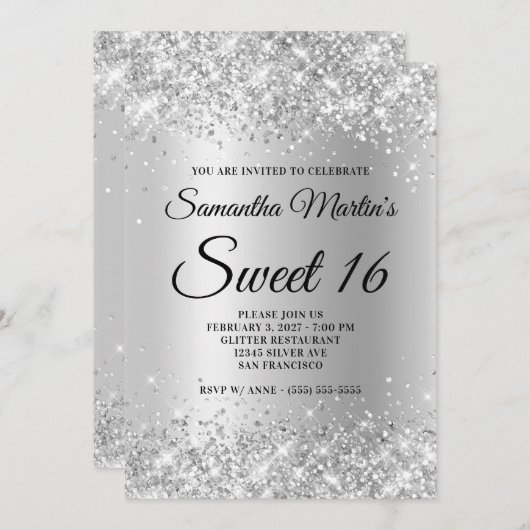 Invitation Faux Sparkly Silver Parties scintillant Satin Foil (Devant / Derrière)