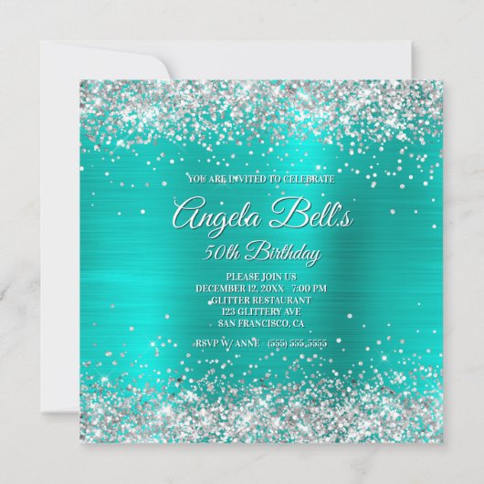 Invitation Faux Sparkly Silver Parties scintillant Turquoise  (Dos)