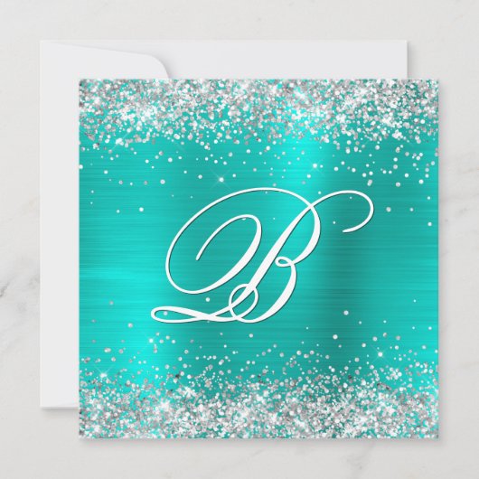 Invitation Faux Sparkly Silver Parties scintillant Turquoise  (Devant)
