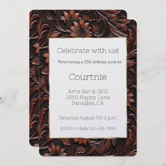 Invitation Faux Sud-Ouest Brown Fleurs de vache en cuir (Devant / Derrière)