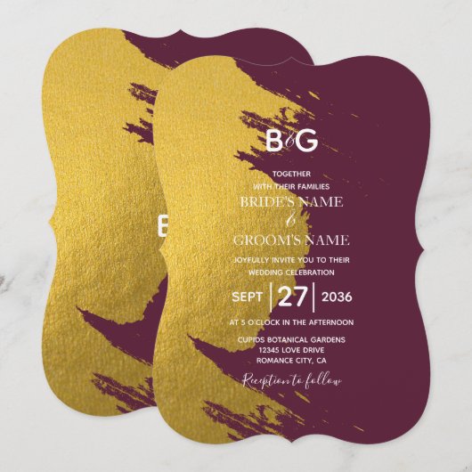 Invitation Faux Traits de Pinceau Dorés & Bordeaux avec Monog (Devant / Derrière)
