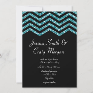 Invitation Faux Turquoise et Parties scintillant noire Chevro