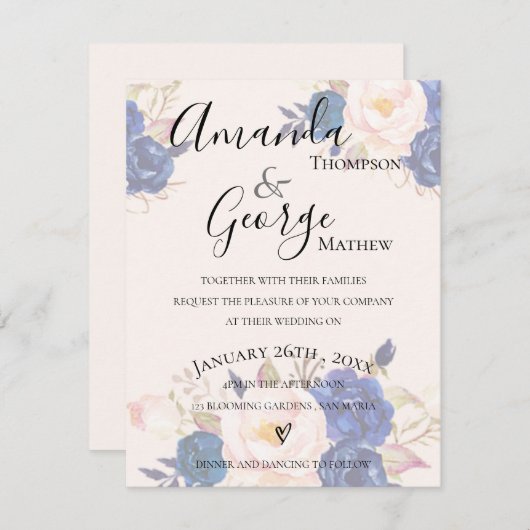 Invitation Faux Vellum Effet Bleu Blush rose Mariage floral (Devant / Derrière)