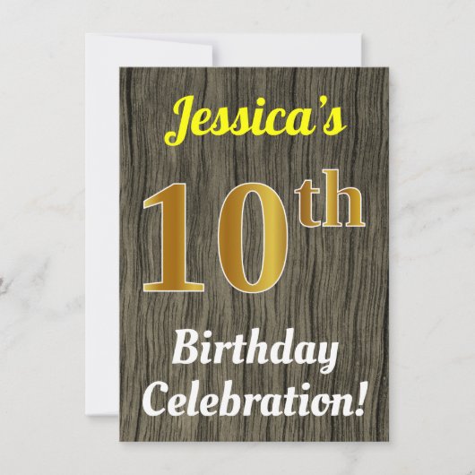 Invitation Faux Wood, Faux Gold 10th Birthday Celebration (Devant)
