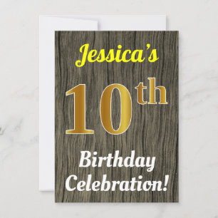 Invitation Faux Wood, Faux Gold 10th Birthday Celebration
