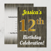 Invitation Faux Wood, Faux Gold 12e anniversaire (Devant / Derrière)