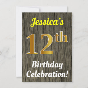 Invitation Faux Wood, Faux Gold 12e anniversaire