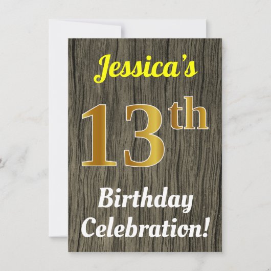 Invitation Faux Wood, Faux Gold 13e anniversaire (Devant)