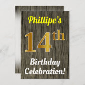 Invitation Faux Wood, Faux Gold 14e anniversaire (Devant / Derrière)