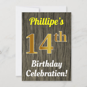 Invitation Faux Wood, Faux Gold 14e anniversaire