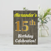 Invitation Faux Wood, Faux Gold 15e anniversaire (Debout devant)