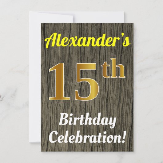Invitation Faux Wood, Faux Gold 15e anniversaire (Devant)