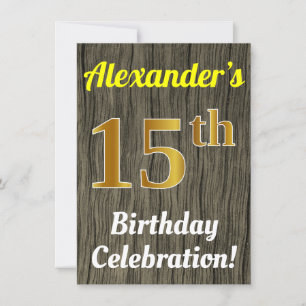 Invitation Faux Wood, Faux Gold 15e anniversaire