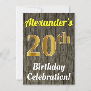 Invitation Faux Wood, Faux Gold 20th Birthday Celebration