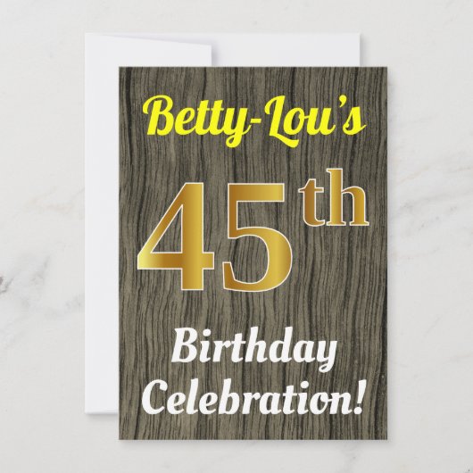 Invitation Faux Wood, Faux Gold 45e anniversaire (Devant)