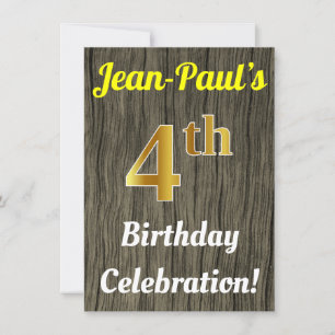 Invitation Faux Wood, Faux Gold 4th Birthday Celebration