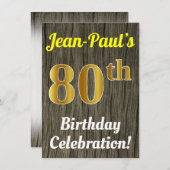 Invitation Faux Wood, Faux Gold 80e anniversaire (Devant / Derrière)