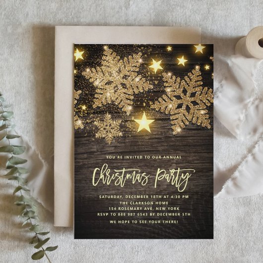 Invitation Faux Wood Gold Parties scintillant Flocs de neige 