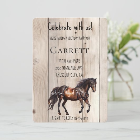 Invitation Faux Wood Horse Anniversaire (Debout devant)