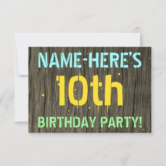 Invitation Faux Wood, Peint Texte Look, 10e anniversaire + No (Devant)