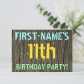 Invitation Faux Wood, Peint Texte Look, 11ème Anniversaire +  (Debout devant)