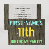 Invitation Faux Wood, Peint Texte Look, 11ème Anniversaire +  (Devant / Derrière)