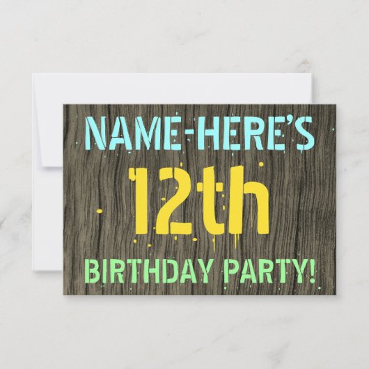 Invitation Faux Wood, Peint Texte Look, 12e anniversaire + No (Devant)