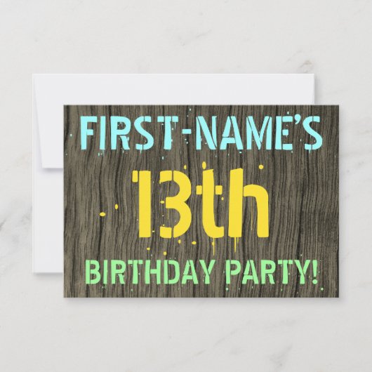 Invitation Faux Wood, Peint Texte Look, 13e anniversaire + No (Devant)