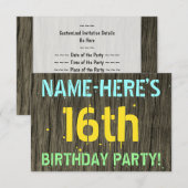 Invitation Faux Wood, Peint Texte Look, 16e anniversaire + No (Devant / Derrière)