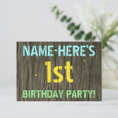 Invitation Faux Wood, Peint Texte Look, 1er Anniversaire + No (Debout devant)