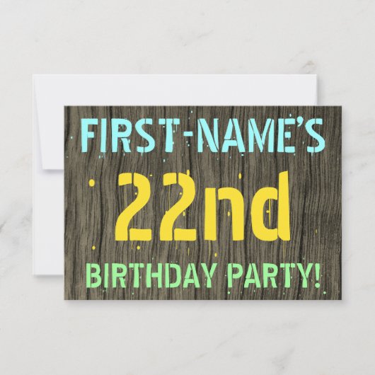 Invitation Faux Wood, Peint Texte Look, 22e anniversaire + No (Devant)